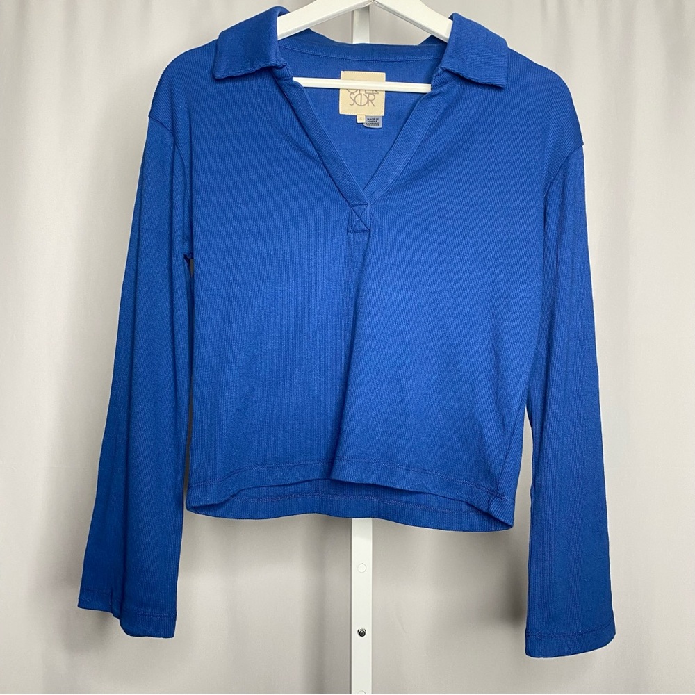Chaser Blue Ribbed Collared Crop Top Chic & Cozy Comfort — S